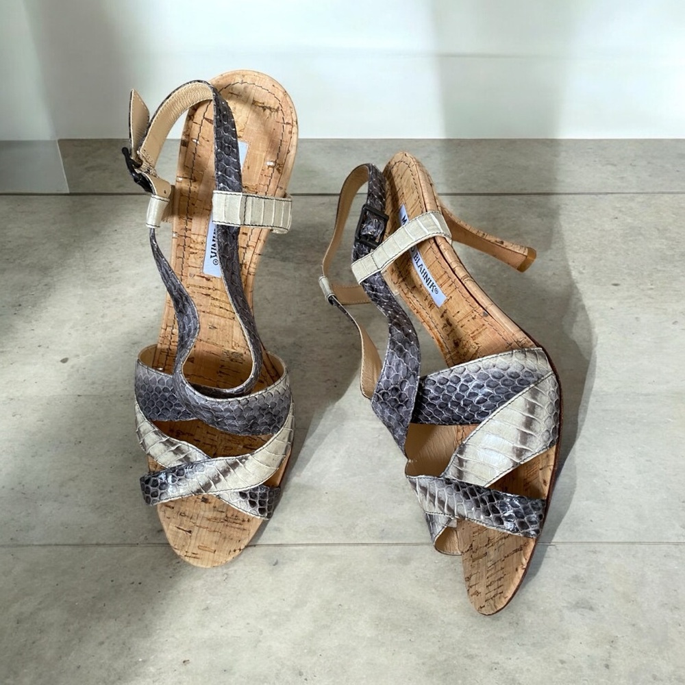 Manolo Blahnik Python Cork Slingback Heels - image 1